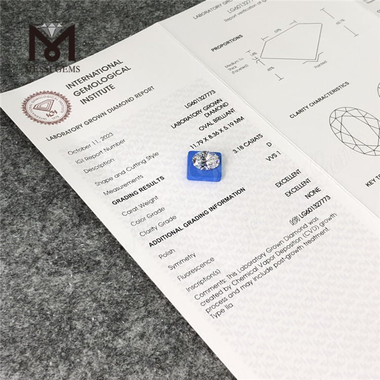 3.18CT D VVS1 oval cvd lab diamond LG601327773丨Messigems