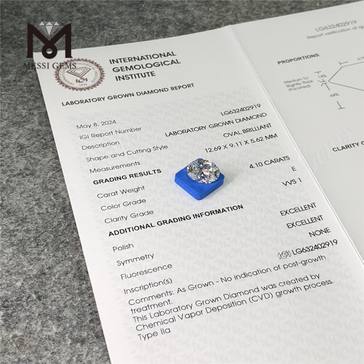 4.10CT E VVS1 OV EX EX CVD loose grown diamond LG632402919