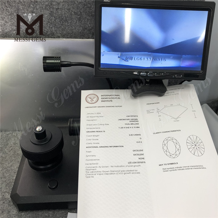 3.20ct D VVS2 CVD 3CT Lab ovale Creato Diamond LG613376315 丨 Messigems