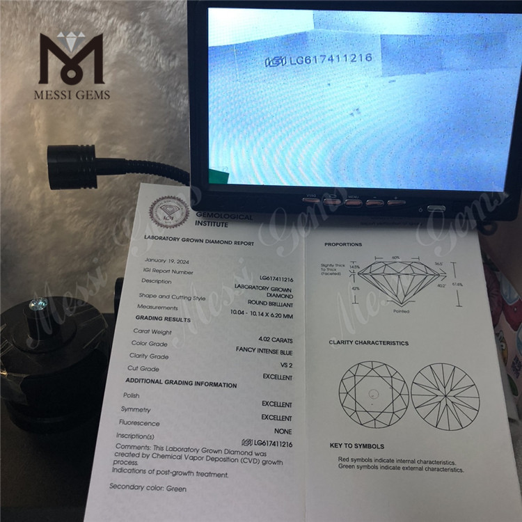 4.02ct Round VS2 Fancy Intense Blue Synthetic Diamonds Online 丨 MESSIGEME CVD LG617411216 
