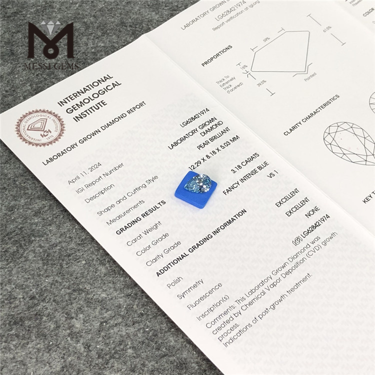 3.18CT VS1 PEAR Shape CVD Diamond FANCY INTENSE BLUE LG628421974 