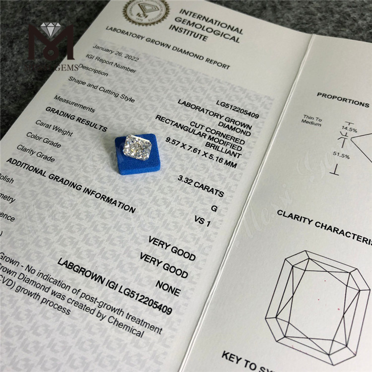 3.32CT G VS cvd Lab Grown Diamond RECTANGULAR IGI Certificate lab diamond