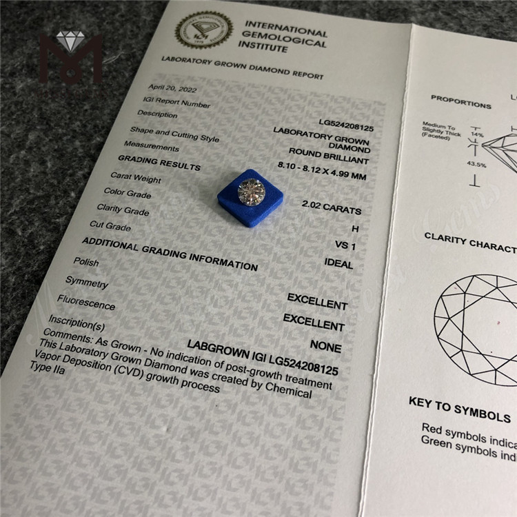 2.02ct H VS1 Round Brilliant Cut IGI Certificate man made diamonds cost