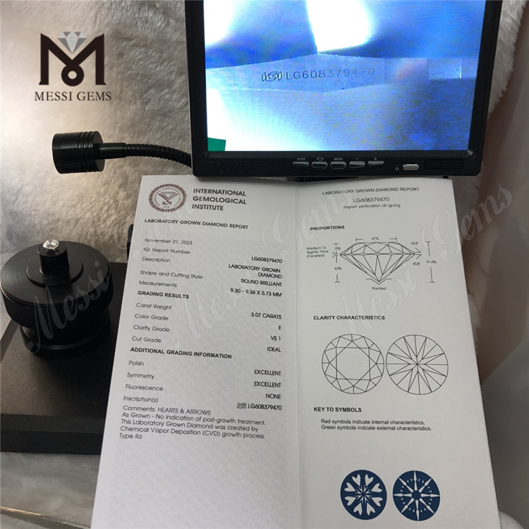 3.07CT E VS1 RD 3ct cvd synthetic diamond LG608379470 for Custom Settings丨Messigems 