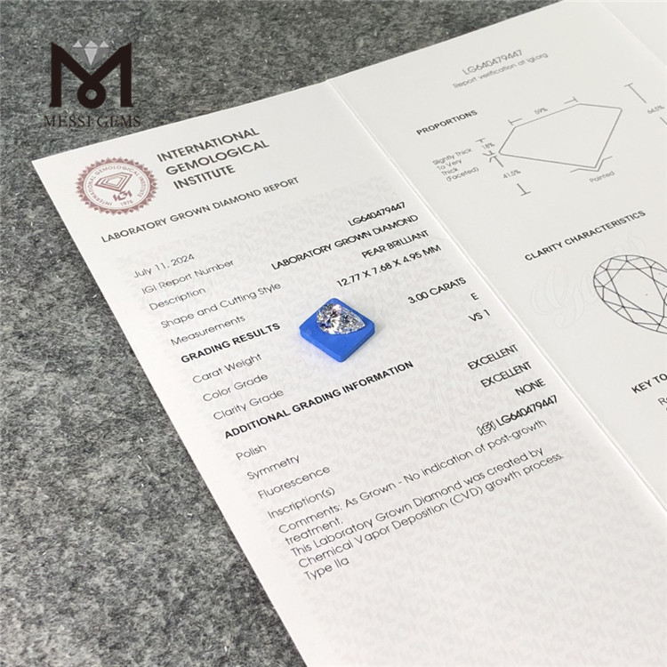 3.00CT E VS1 PEAR best quality lab diamonds IGI LG640479447丨Messigems