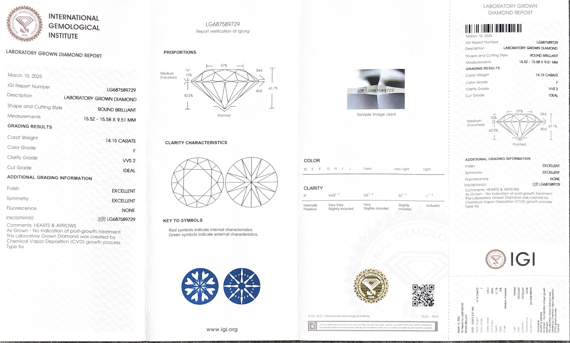 14.15CT round lab diamond F VVS2 ID CVD LG687589729 